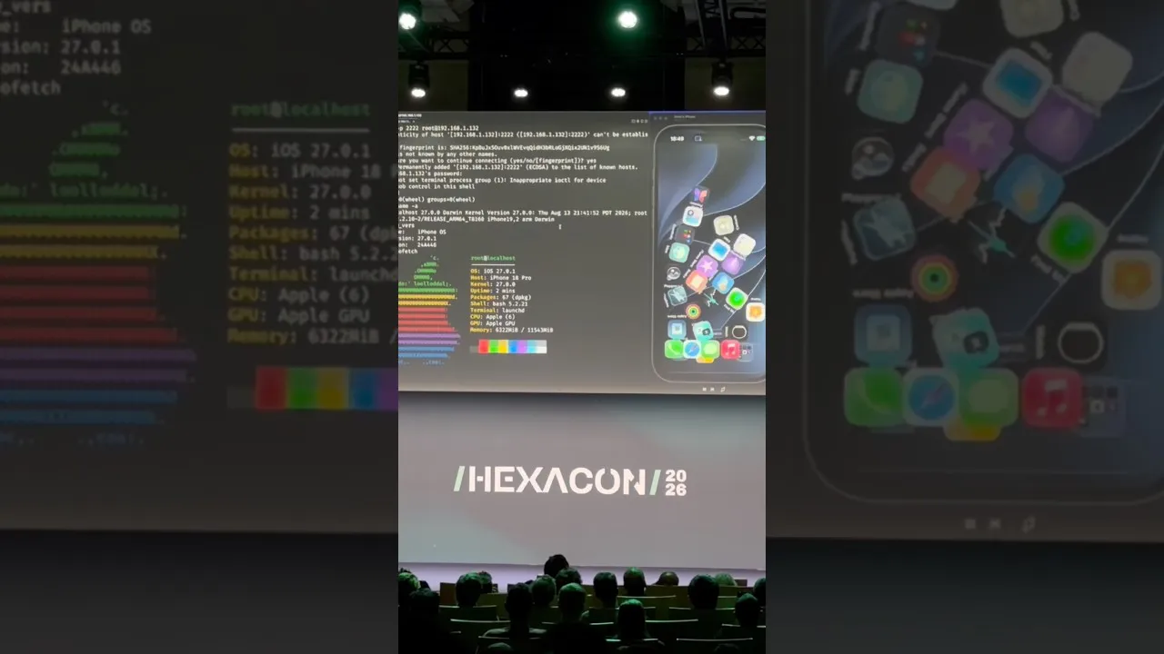 The iOS 27 untethered jailbreak on an iPhone 18 Pro, shown by Calif at Hexacon (filmed by Billy Ellis)