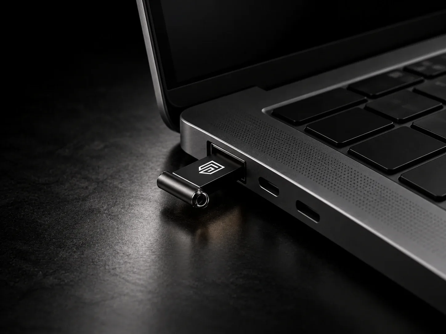 Privacy First OS: a black Privacy First USB stick plugged into a laptop, running Tails, the private PC operating system that wipes when unplugged